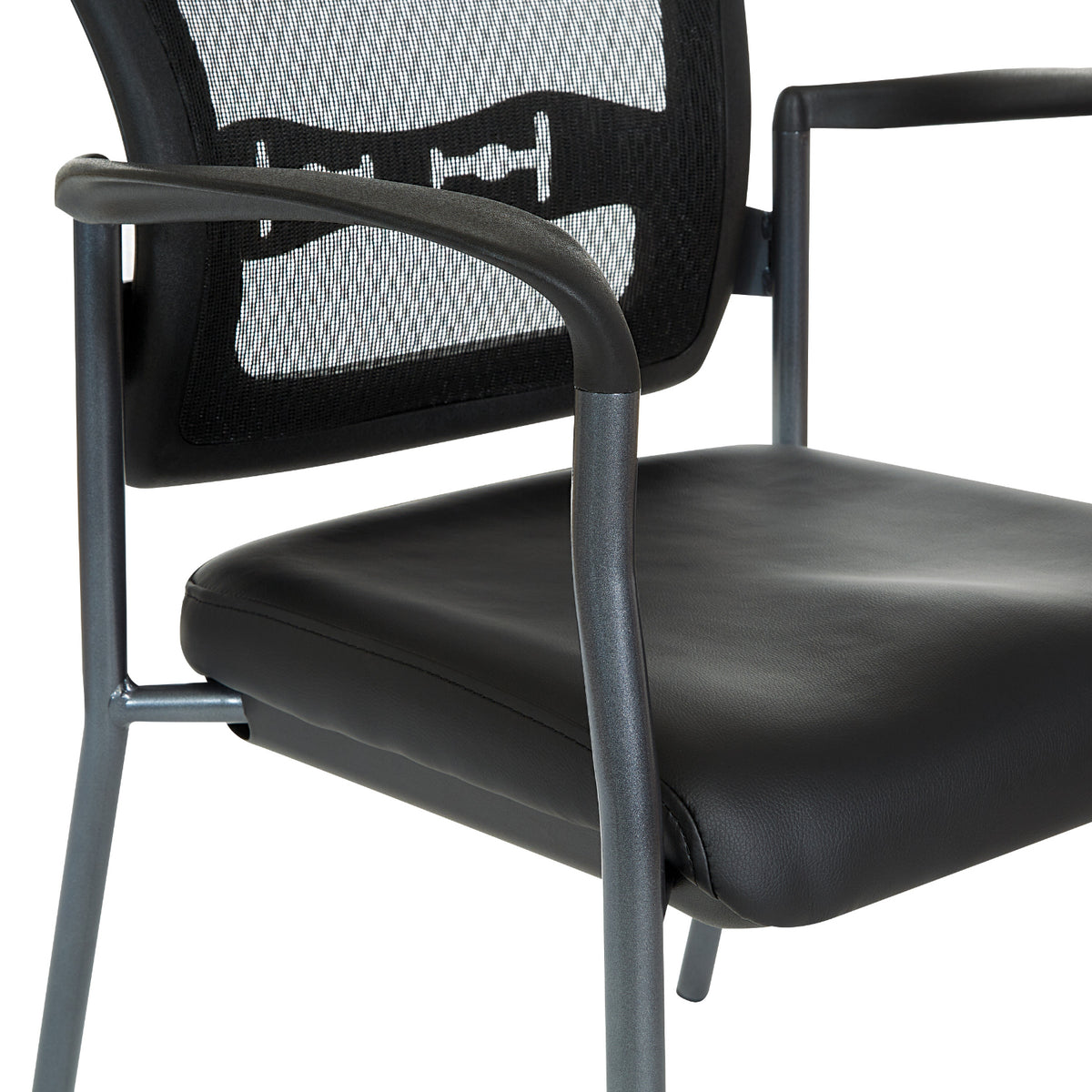 ProGrid® Mesh Back Deluxe Stacking Visitor’s Chair with Dillon Black Padded Seat, Contoured Arms and Titanium EPD Finish Frame