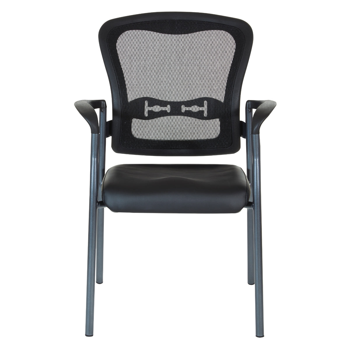 ProGrid® Mesh Back Deluxe Stacking Visitor’s Chair with Dillon Black Padded Seat, Contoured Arms and Titanium EPD Finish Frame