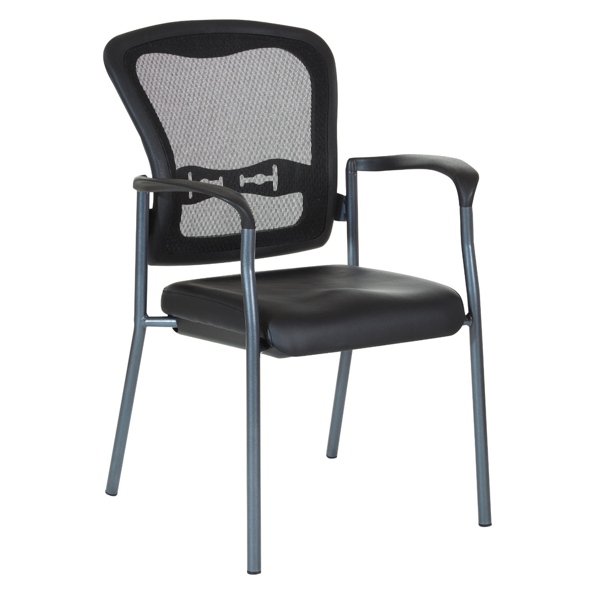 ProGrid® Mesh Back Deluxe Stacking Visitor’s Chair with Dillon Black Padded Seat, Contoured Arms and Titanium EPD Finish Frame