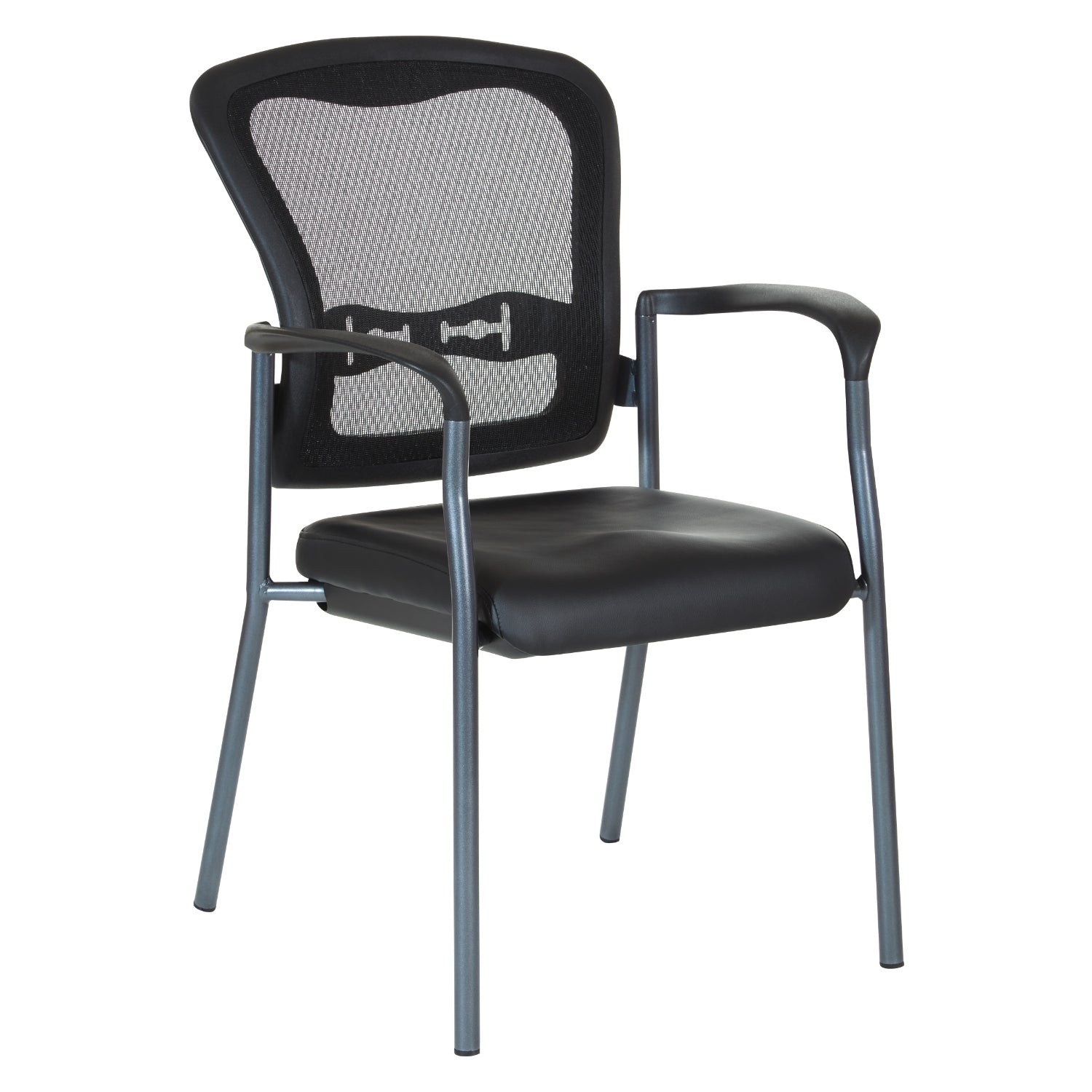 ProGrid® Mesh Back Deluxe Stacking Visitor’s Chair with Dillon Black Padded Seat, Contoured Arms and Titanium EPD Finish Frame