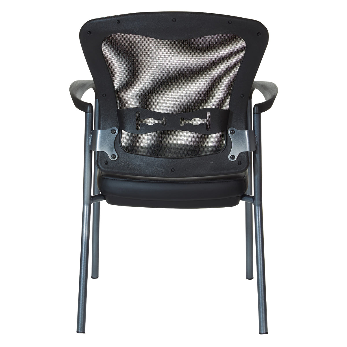 ProGrid® Mesh Back Deluxe Stacking Visitor’s Chair with Dillon Black Padded Seat, Contoured Arms and Titanium EPD Finish Frame