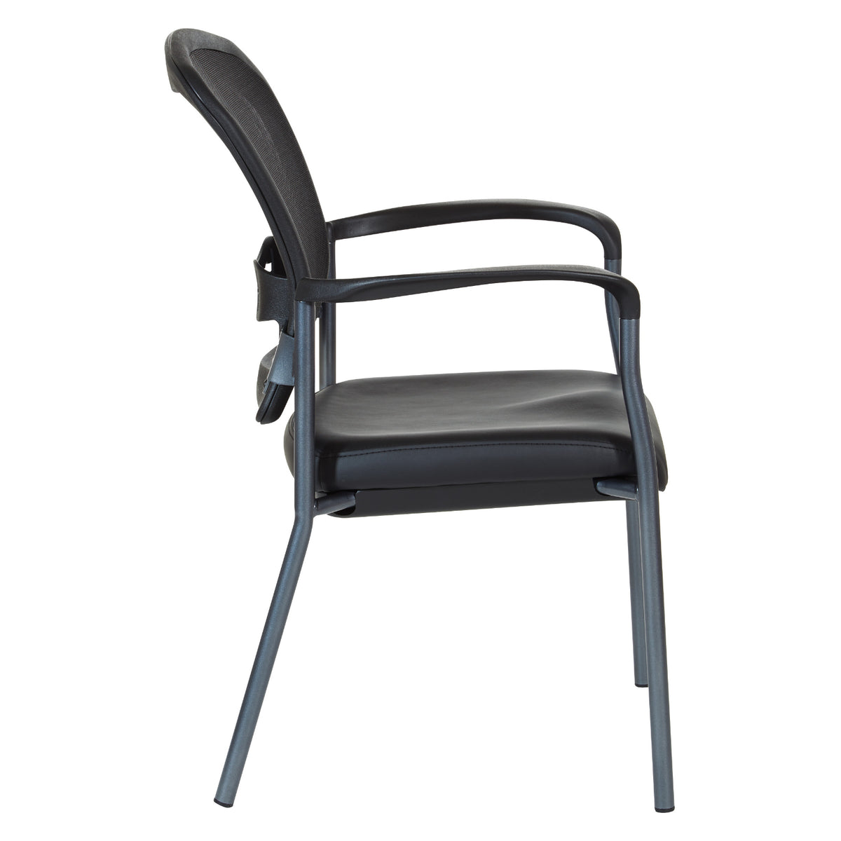 ProGrid® Mesh Back Deluxe Stacking Visitor’s Chair with Dillon Black Padded Seat, Contoured Arms and Titanium EPD Finish Frame