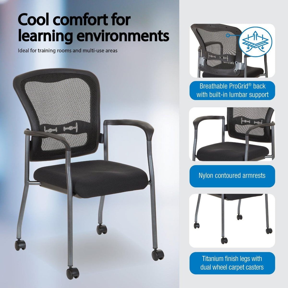 ProGrid® Mesh Back Deluxe Guest Chair with FreeFlex® II Coal  Padded Fabric Seat, Arms, Casters and Titanium EPD Finish Frame