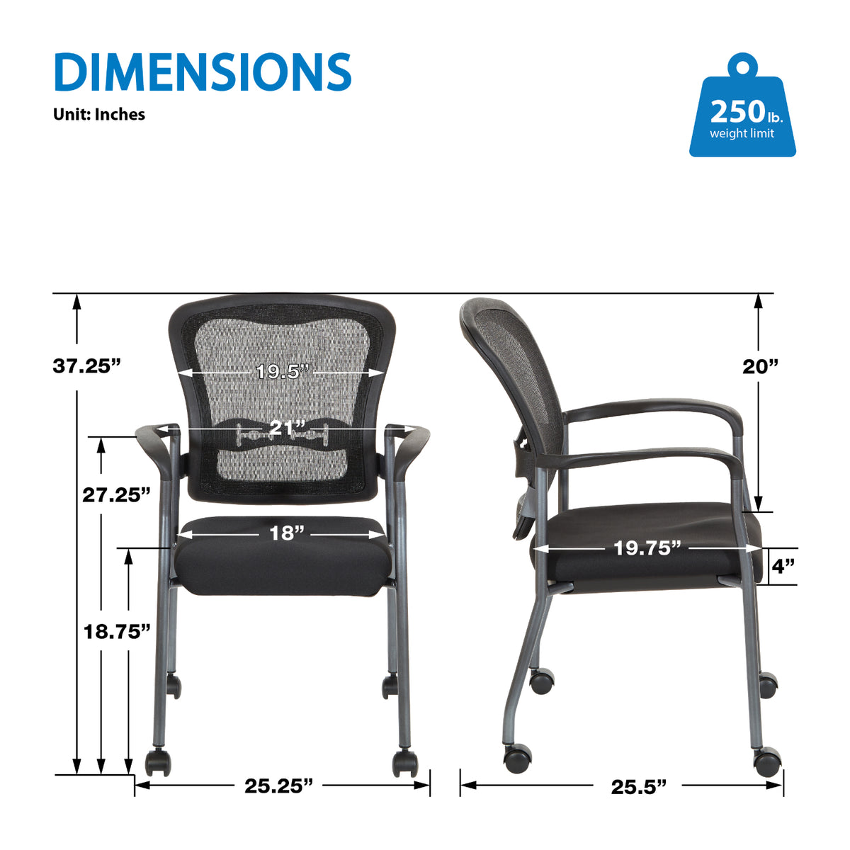 ProGrid® Mesh Back Deluxe Guest Chair with FreeFlex® II Coal  Padded Fabric Seat, Arms, Casters and Titanium EPD Finish Frame