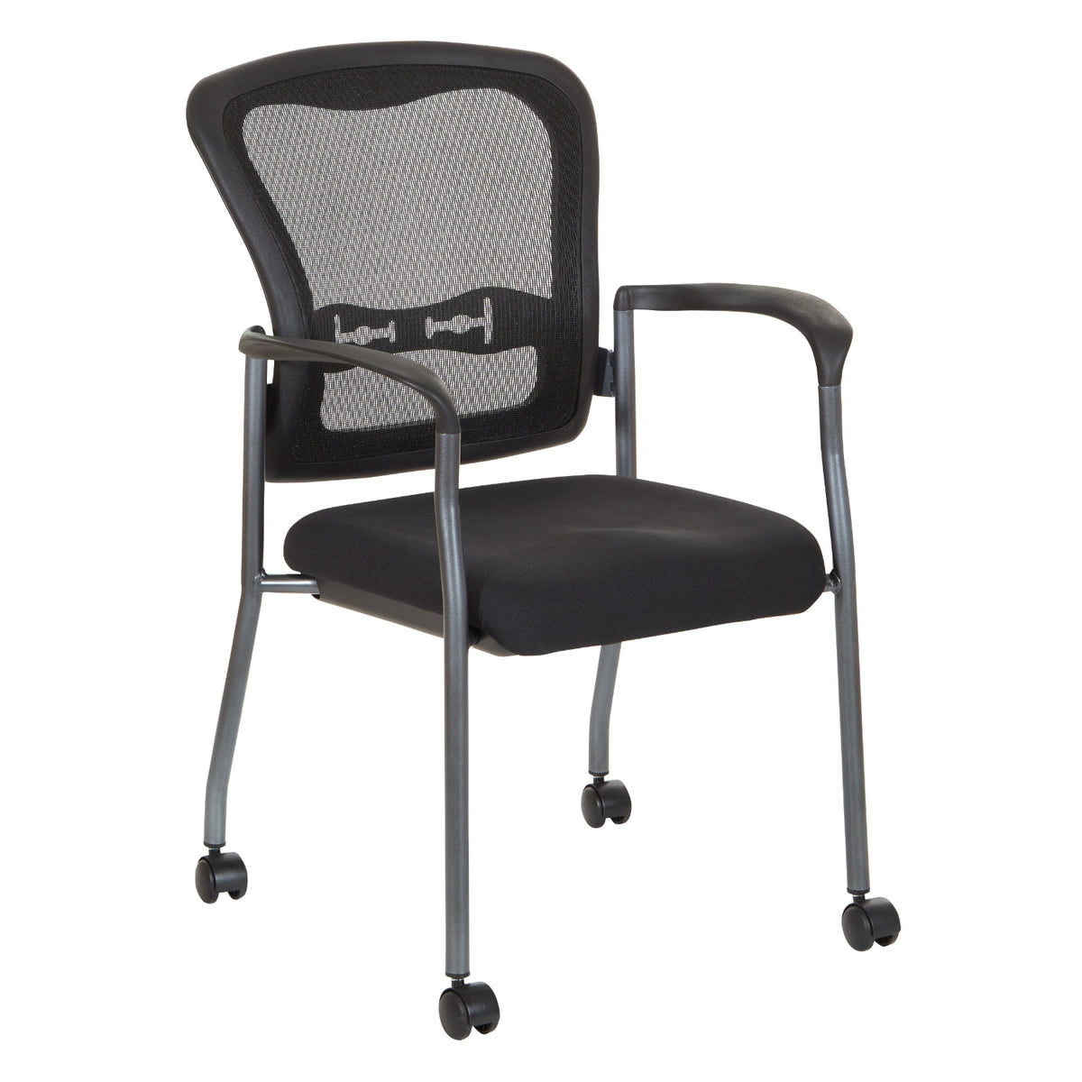 ProGrid® Mesh Back Deluxe Guest Chair with FreeFlex® II Coal  Padded Fabric Seat, Arms, Casters and Titanium EPD Finish Frame