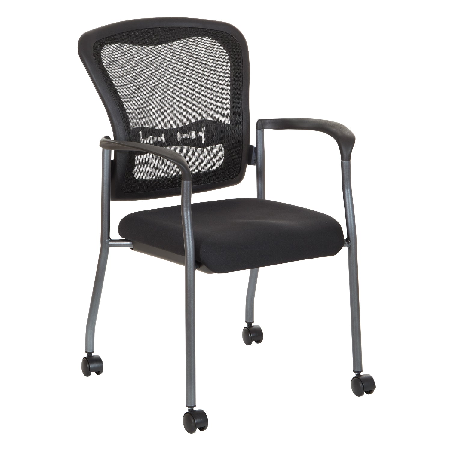 ProGrid® Mesh Back Deluxe Guest Chair with FreeFlex® II Coal  Padded Fabric Seat, Arms, Casters and Titanium EPD Finish Frame