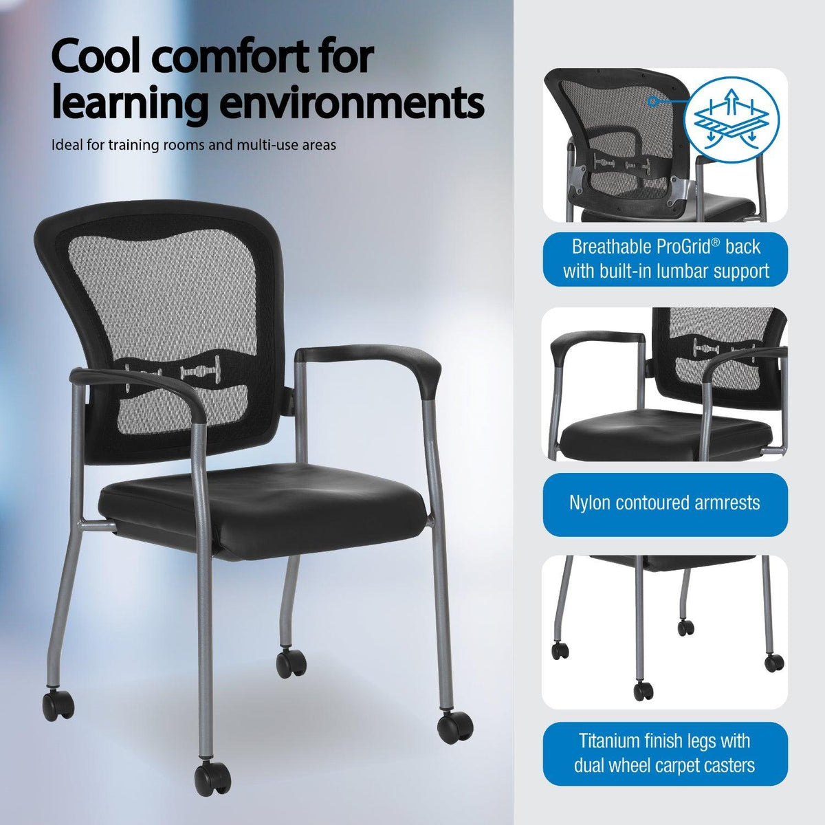 ProGrid® Mesh Back Deluxe Guest Chair with Dillon Black  Padded Fabric Seat, Arms, Casters and Titanium EPD Finish Frame