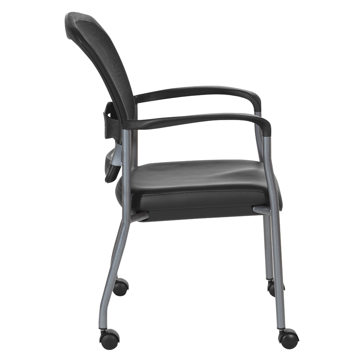 ProGrid® Mesh Back Deluxe Guest Chair with Dillon Black  Padded Fabric Seat, Arms, Casters and Titanium EPD Finish Frame