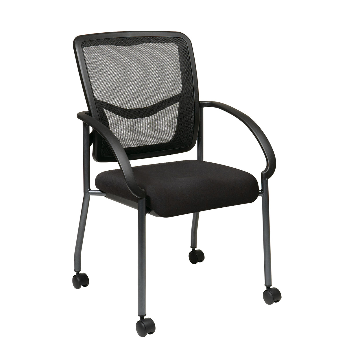 ProGrid® Mesh Back Deluxe Visitor’s Chair with FreeFlex® II Coal Padded Fabric Seat, Contoured Arms, Casters and Titanium EPD Finish Frame