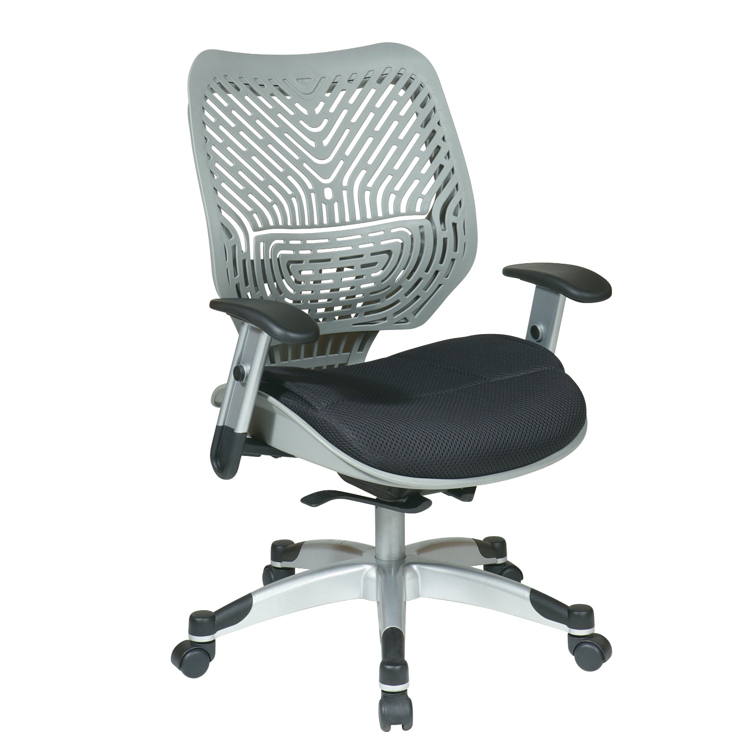 Self Adjusting FogSpaceFlex® Back and Raven Mesh Seat Manager’s Chair with Adjustable Arms and Platinum Finish Base