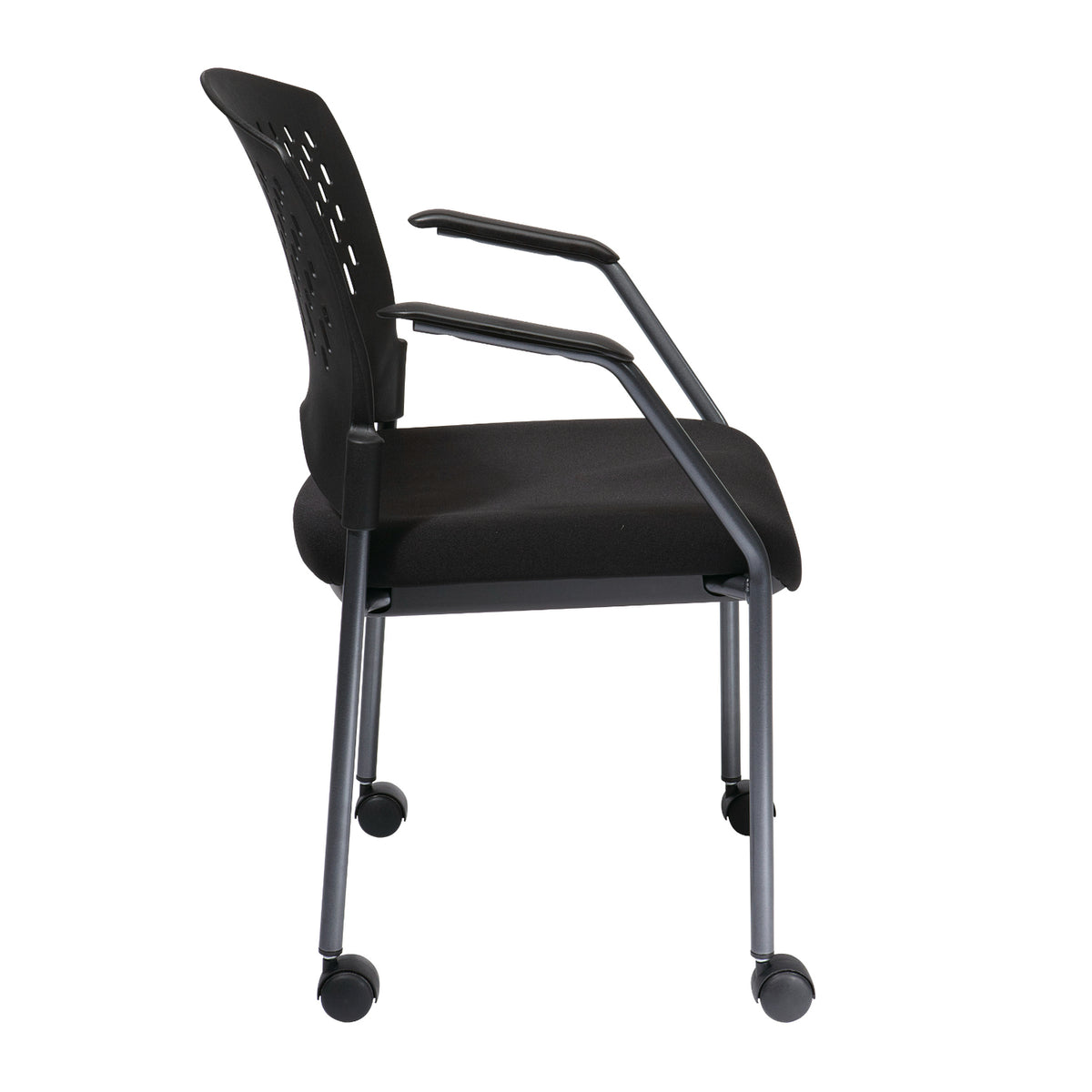 Ventilated Plastic Wrap Around Back Stacking Visitor’s Chair with Arms and Casters, FreeFlex® II Coal Padded Fabric Seat