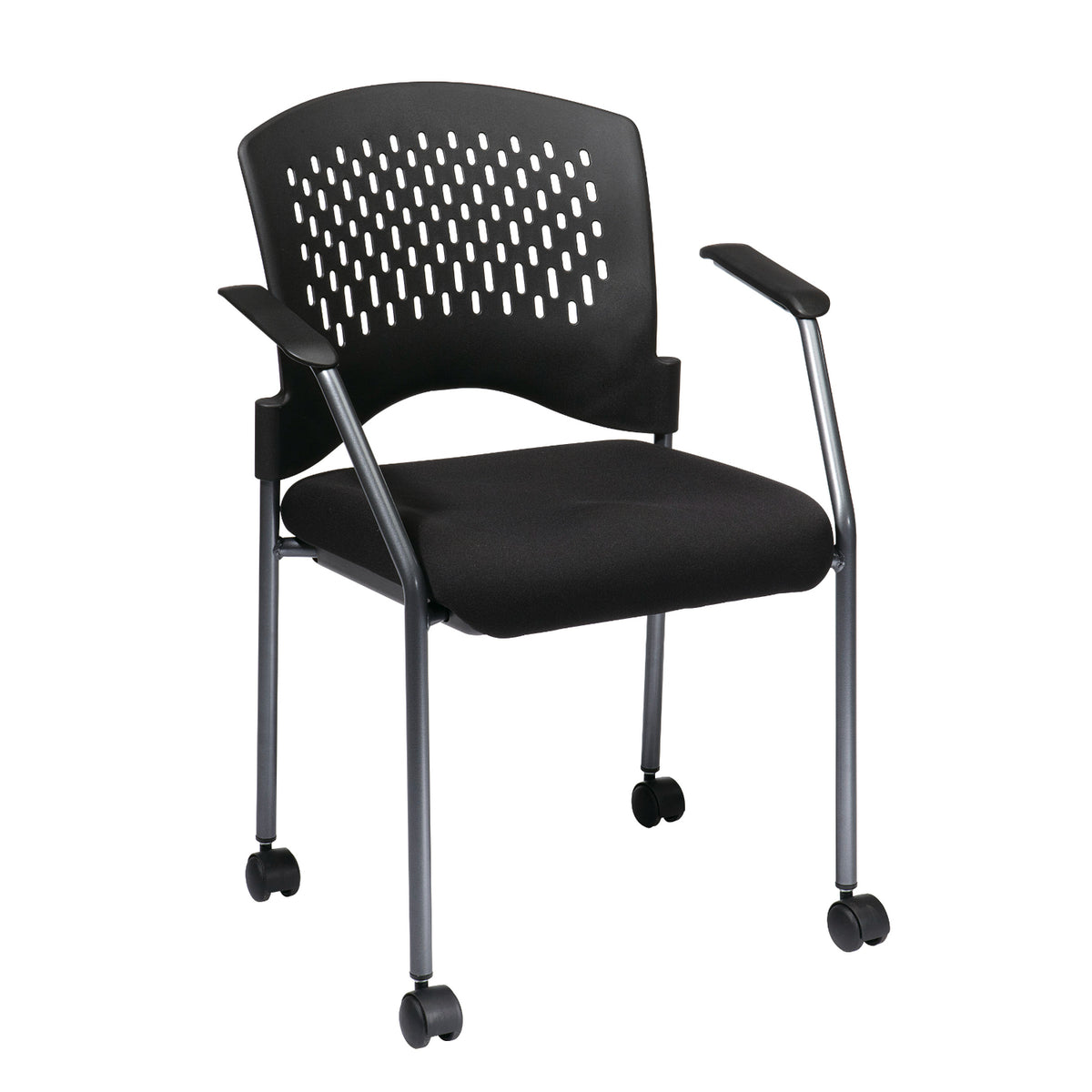 Ventilated Plastic Wrap Around Back Stacking Visitor’s Chair with Arms and Casters, FreeFlex® II Coal Padded Fabric Seat