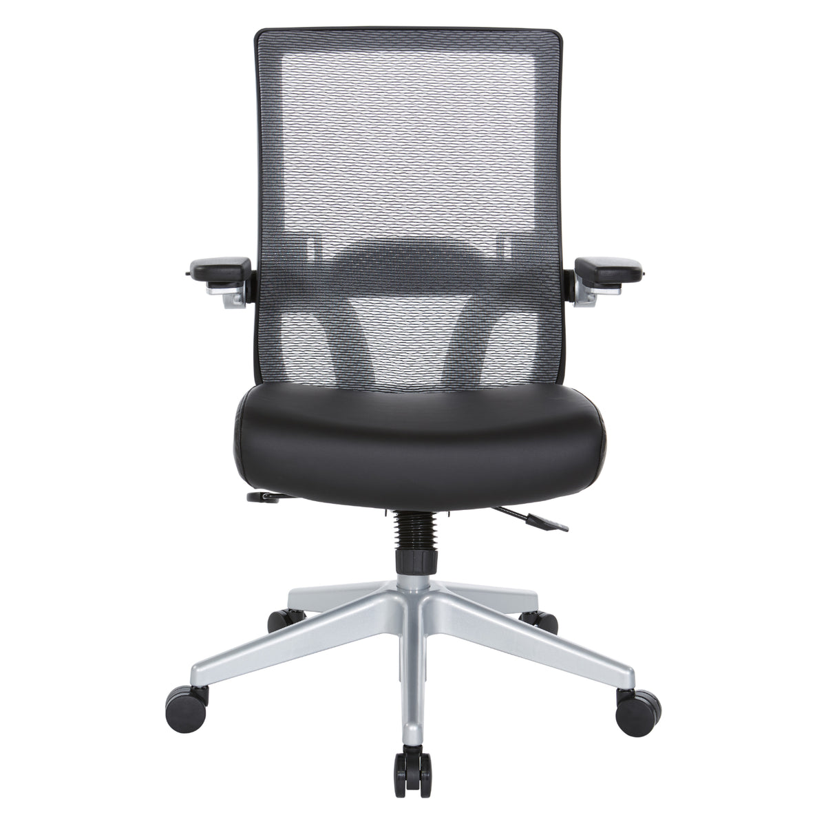 Breathable Mesh Back Manager's Chair with 4” Thick Bonded Leather Seat, Height Adjustable Lumbar Support, 3-Way PU Padded Cantilever Adjustable Flip Arms and Silver Nylon Base