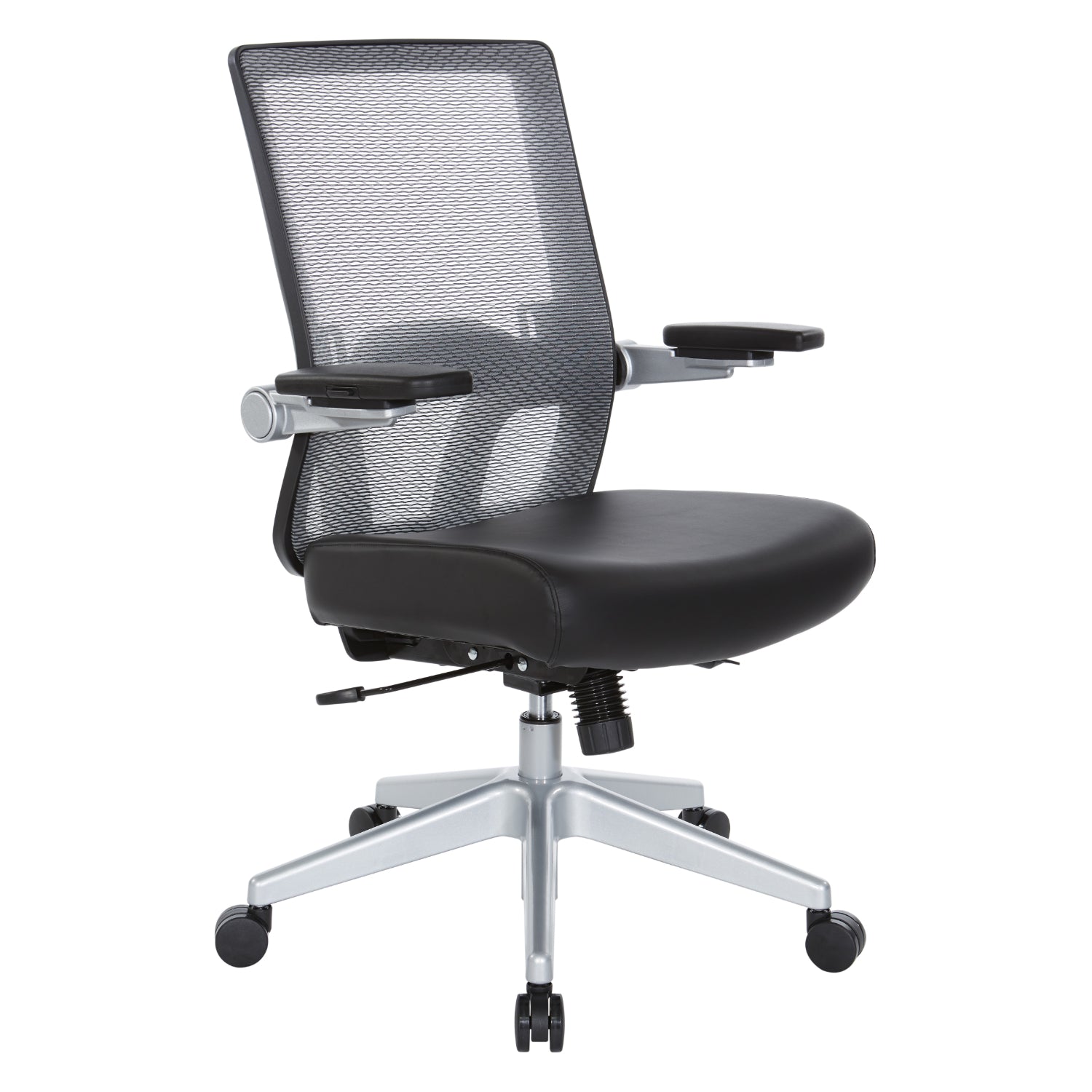 Breathable Mesh Back Manager's Chair with 4” Thick Bonded Leather Seat, Height Adjustable Lumbar Support, 3-Way PU Padded Cantilever Adjustable Flip Arms and Silver Nylon Base