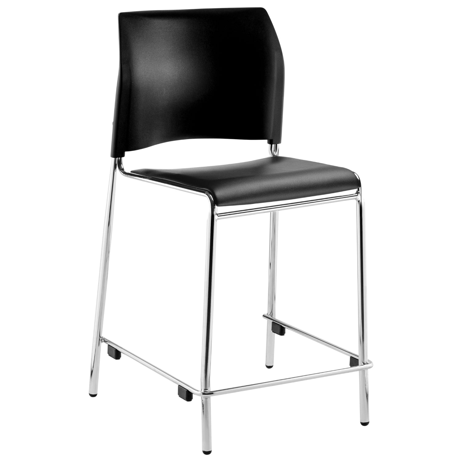 Cafetorium Plush Black Vinyl Stool with Chrome Frame, Counter Height