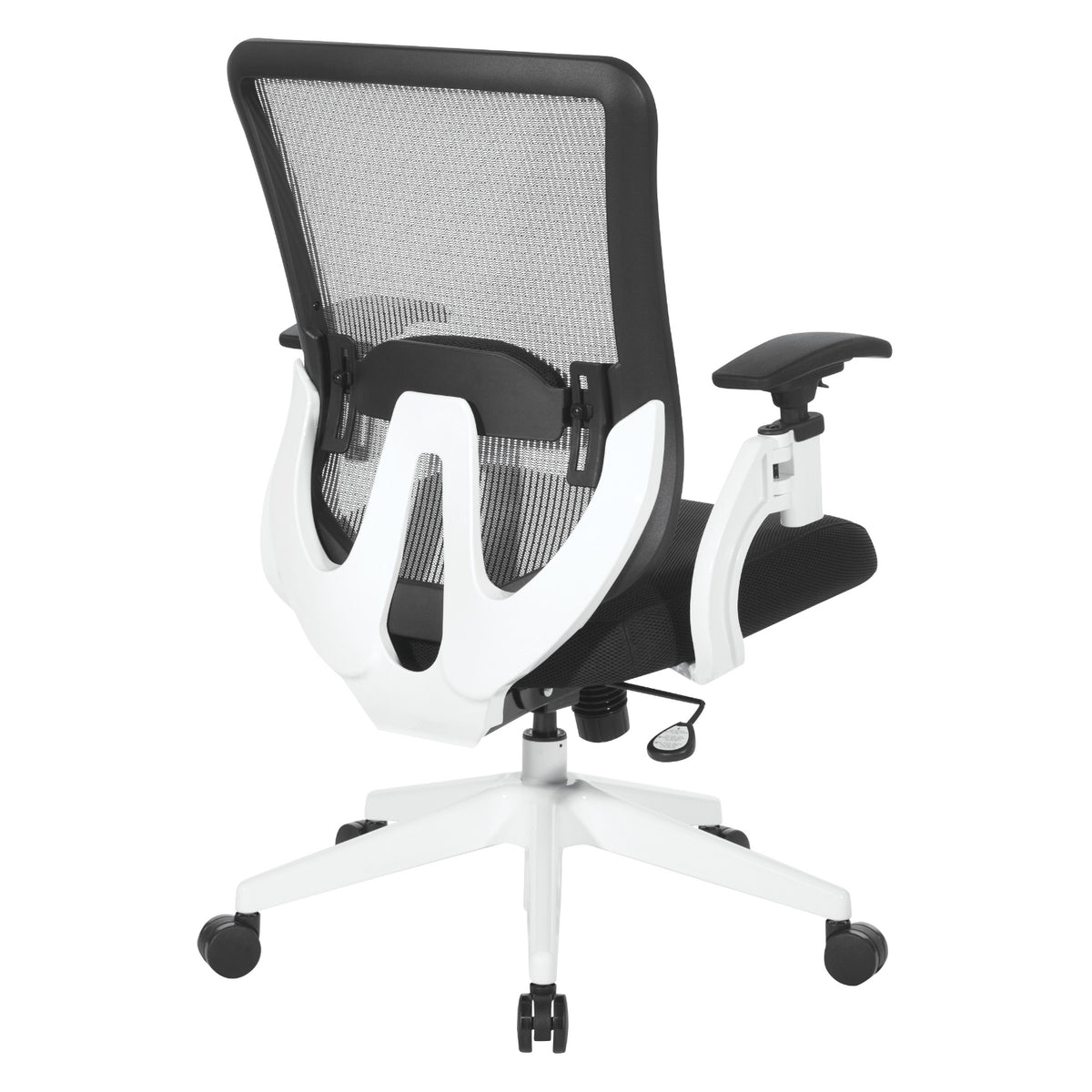 White Vertical Mesh Back Chair with Black Mesh Seat, Height Adjustable Lumbar Support, Height Adjustable Padded Arms and White Angled Nylon Base