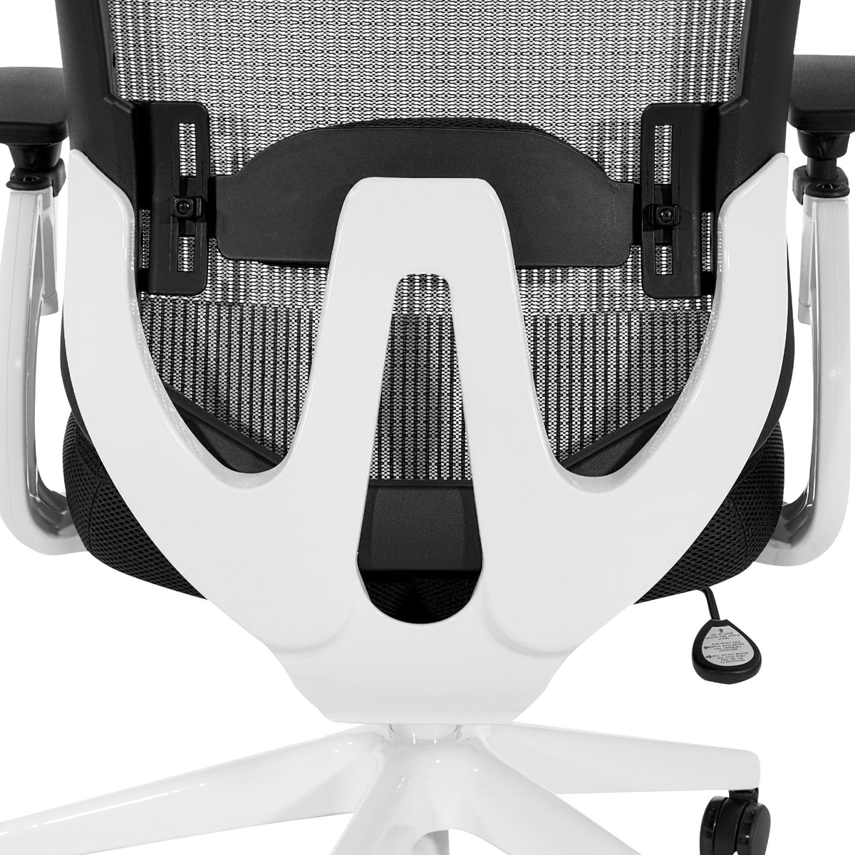 White Vertical Mesh Back Chair with Black Mesh Seat, Height Adjustable Lumbar Support, Height Adjustable Padded Arms and White Angled Nylon Base