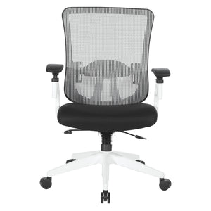 White Vertical Mesh Back Chair with Black Mesh Seat, Height Adjustable Lumbar Support, Height Adjustable Padded Arms and White Angled Nylon Base
