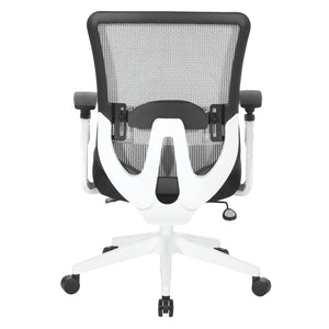 White Vertical Mesh Back Chair with Black Mesh Seat, Height Adjustable Lumbar Support, Height Adjustable Padded Arms and White Angled Nylon Base