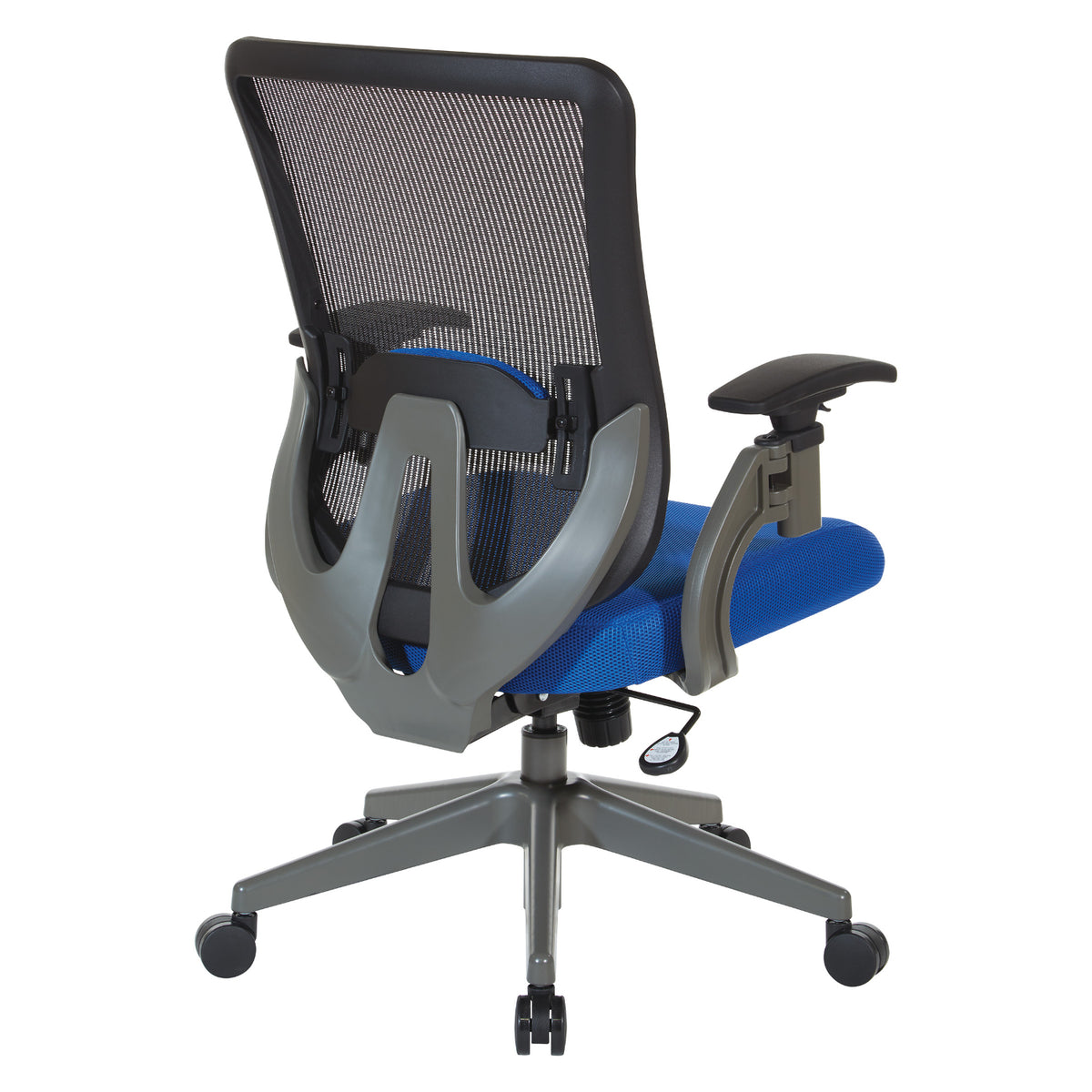 Grey Vertical Mesh Back Chair with Blue Mesh Seat, Height Adjustable Lumbar Support, Height Adjustable Padded Arms and Graphite Angled Nylon Base