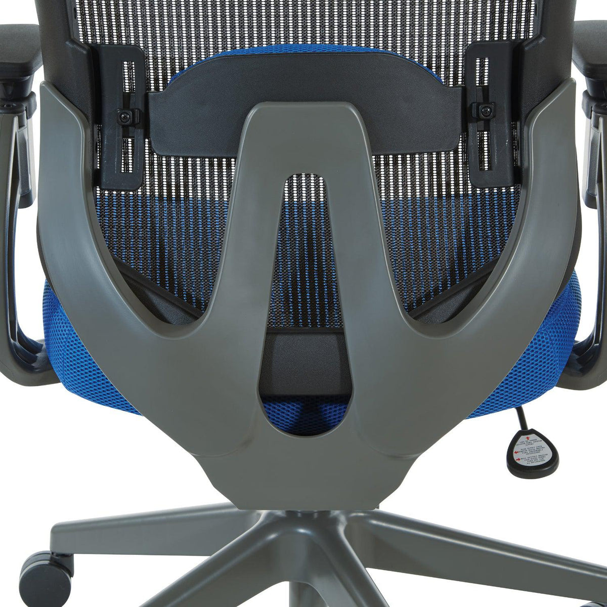 Grey Vertical Mesh Back Chair with Blue Mesh Seat, Height Adjustable Lumbar Support, Height Adjustable Padded Arms and Graphite Angled Nylon Base