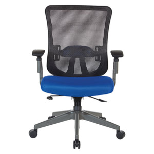 Grey Vertical Mesh Back Chair with Blue Mesh Seat, Height Adjustable Lumbar Support, Height Adjustable Padded Arms and Graphite Angled Nylon Base