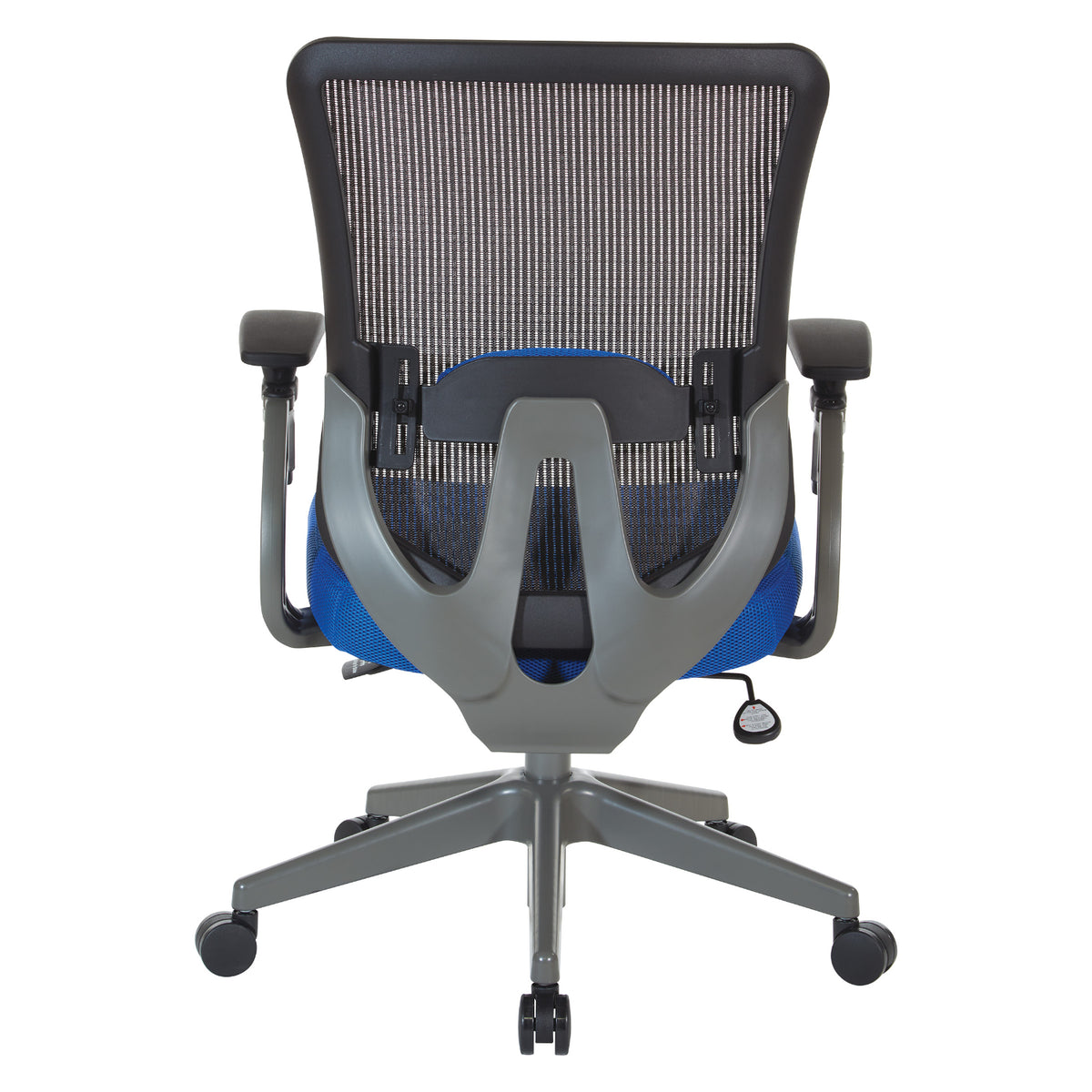 Grey Vertical Mesh Back Chair with Blue Mesh Seat, Height Adjustable Lumbar Support, Height Adjustable Padded Arms and Graphite Angled Nylon Base