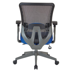 Grey Vertical Mesh Back Chair with Blue Mesh Seat, Height Adjustable Lumbar Support, Height Adjustable Padded Arms and Graphite Angled Nylon Base