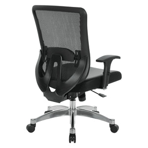 Black Vertical Mesh Back Manager's Chair with Black Bonded Leather Seat, Height Adjustable Lumbar Support, Height Adjustable Padded Arms and Polished Aluminum Base
