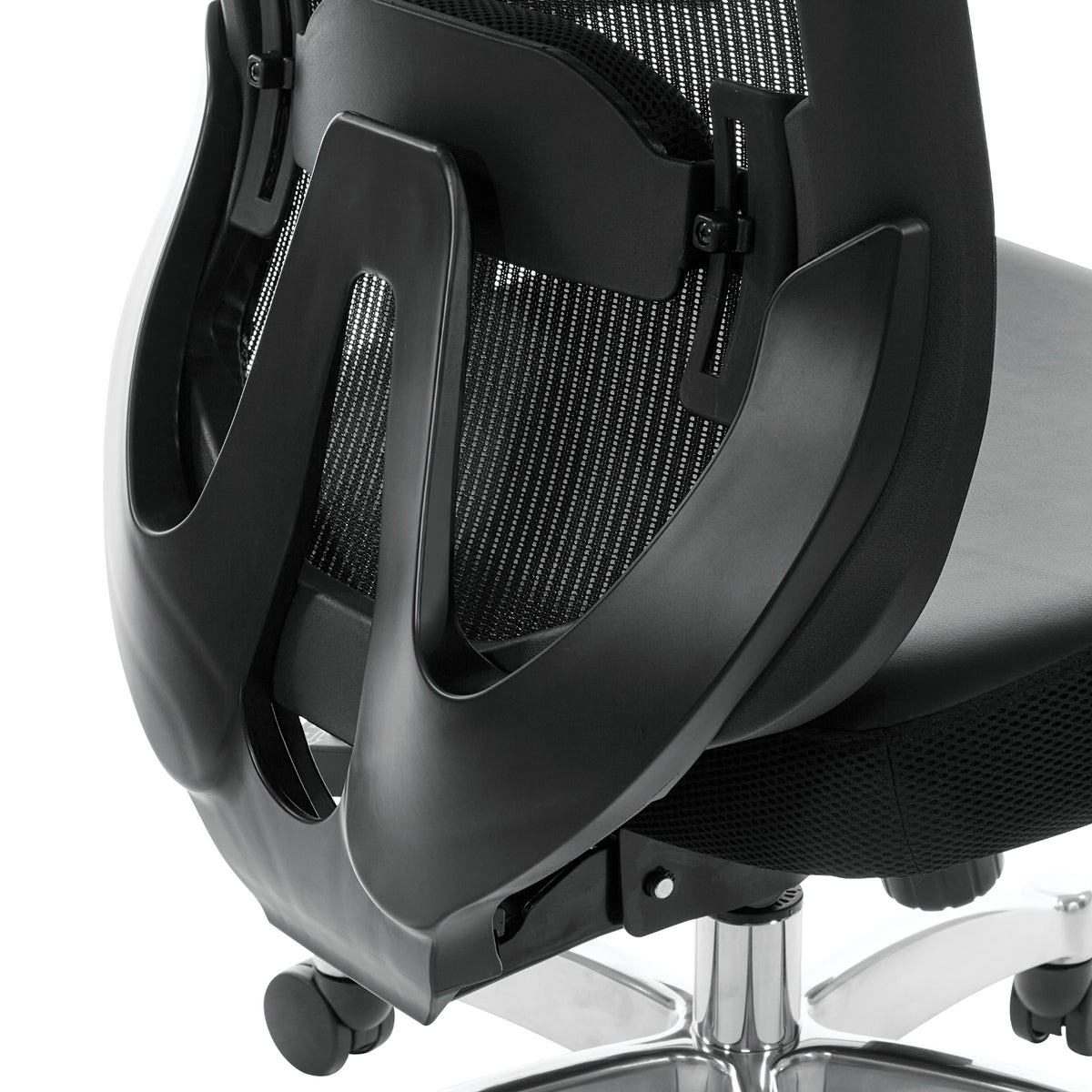 Black Vertical Mesh Back Manager's Chair with Black Bonded Leather Seat, Height Adjustable Lumbar Support, Height Adjustable Padded Arms and Polished Aluminum Base