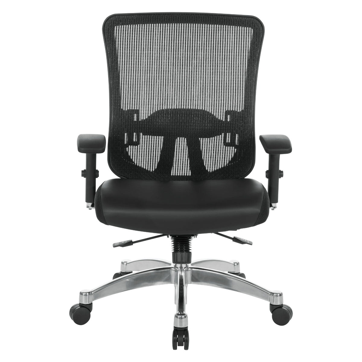 Black Vertical Mesh Back Manager's Chair with Black Bonded Leather Seat, Height Adjustable Lumbar Support, Height Adjustable Padded Arms and Polished Aluminum Base