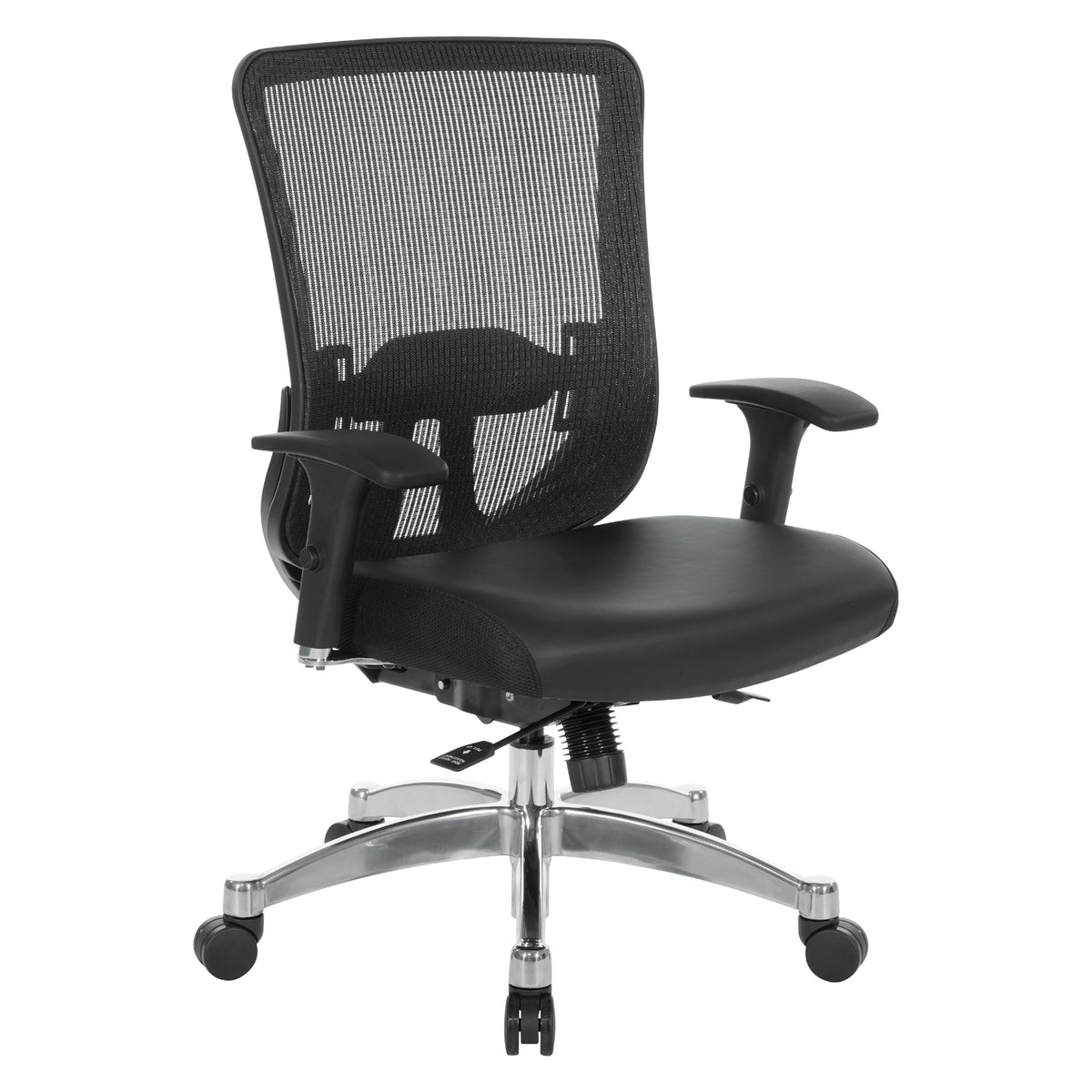 Black Vertical Mesh Back Manager's Chair with Black Bonded Leather Seat, Height Adjustable Lumbar Support, Height Adjustable Padded Arms and Polished Aluminum Base