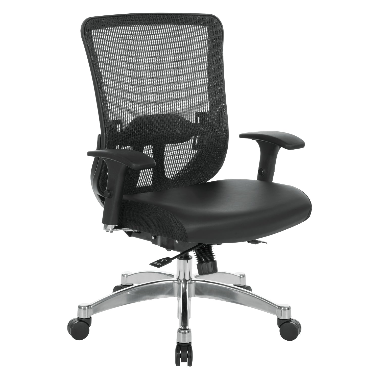 Black Vertical Mesh Back Manager's Chair with Black Bonded Leather Seat, Height Adjustable Lumbar Support, Height Adjustable Padded Arms and Polished Aluminum Base
