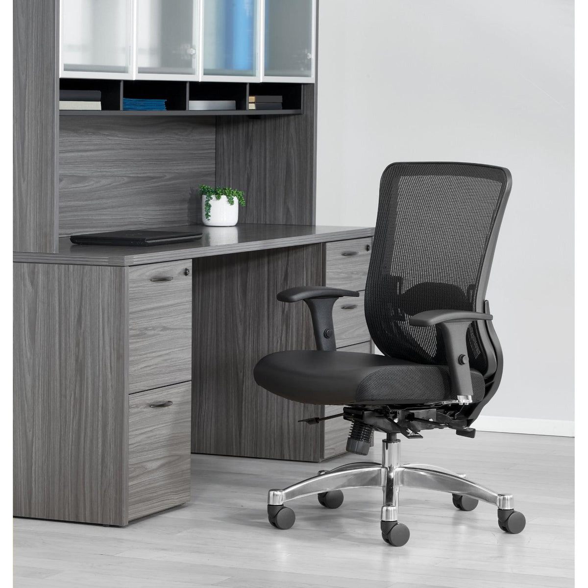 Black Vertical Mesh Back Manager's Chair with Black Bonded Leather Seat, Height Adjustable Lumbar Support, Height Adjustable Padded Arms and Polished Aluminum Base