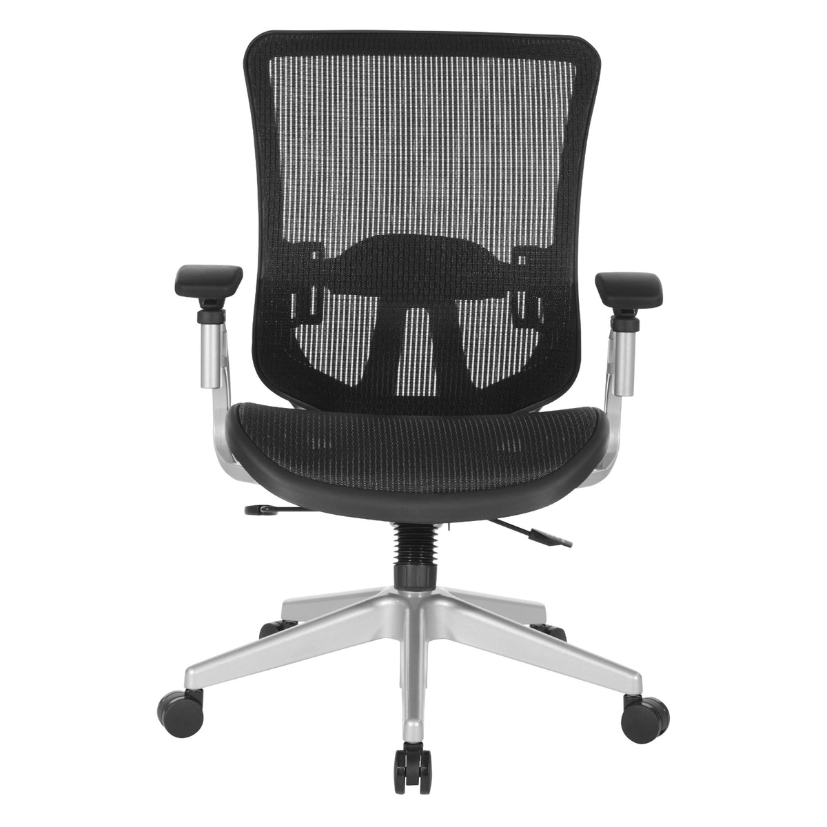 Black Vertical Mesh Seat and Back Manager's Chair with Height Adjustable Lumbar Support, Height Adjustable Padded Arms and Silver Angled Nylon Base