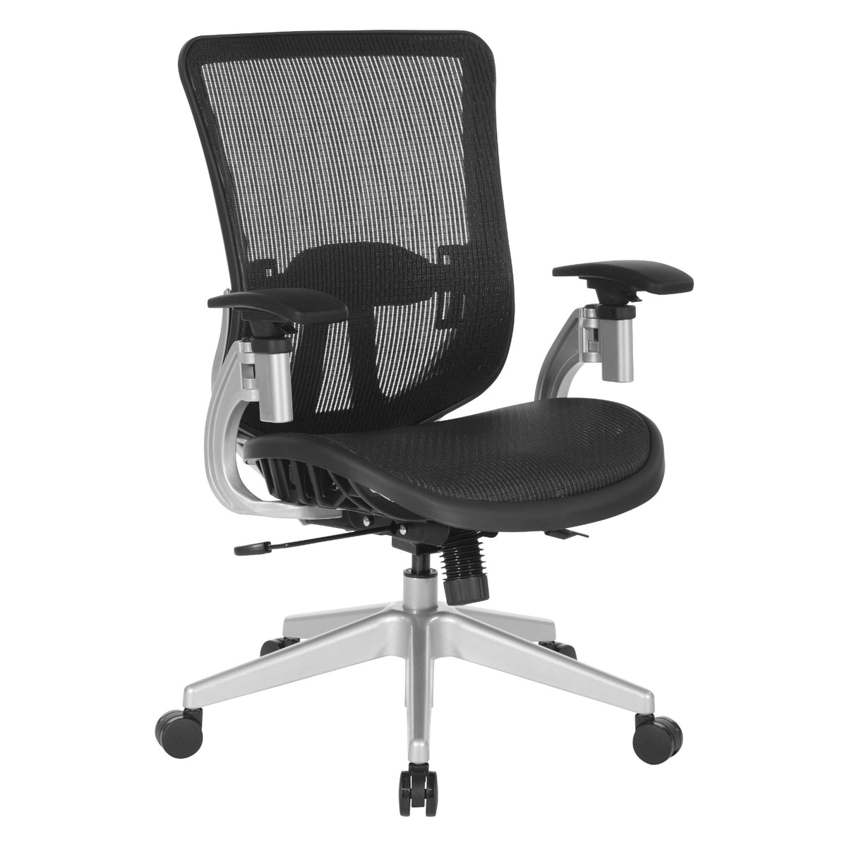 Black Vertical Mesh Seat and Back Manager's Chair with Height Adjustable Lumbar Support, Height Adjustable Padded Arms and Silver Angled Nylon Base