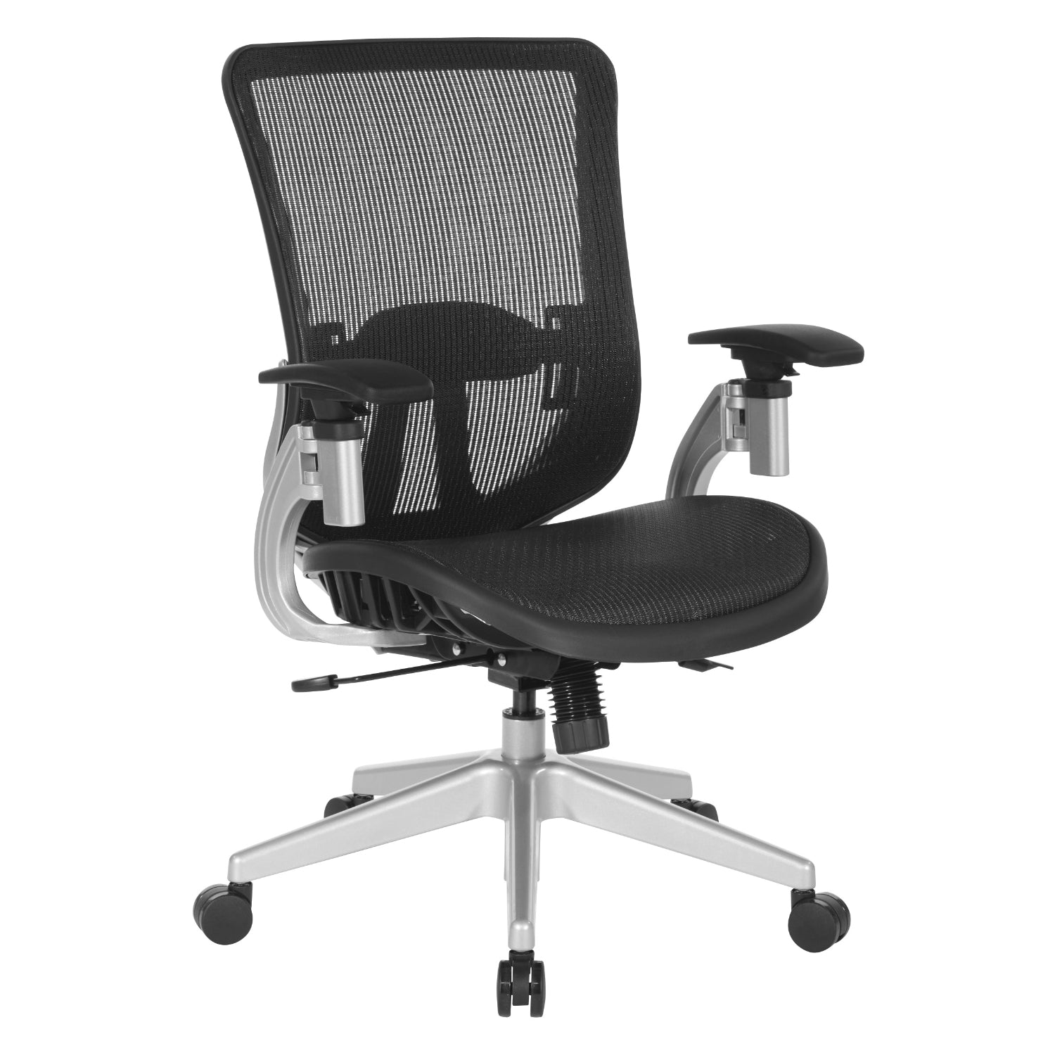 Black Vertical Mesh Seat and Back Manager's Chair with Height Adjustable Lumbar Support, Height Adjustable Padded Arms and Silver Angled Nylon Base