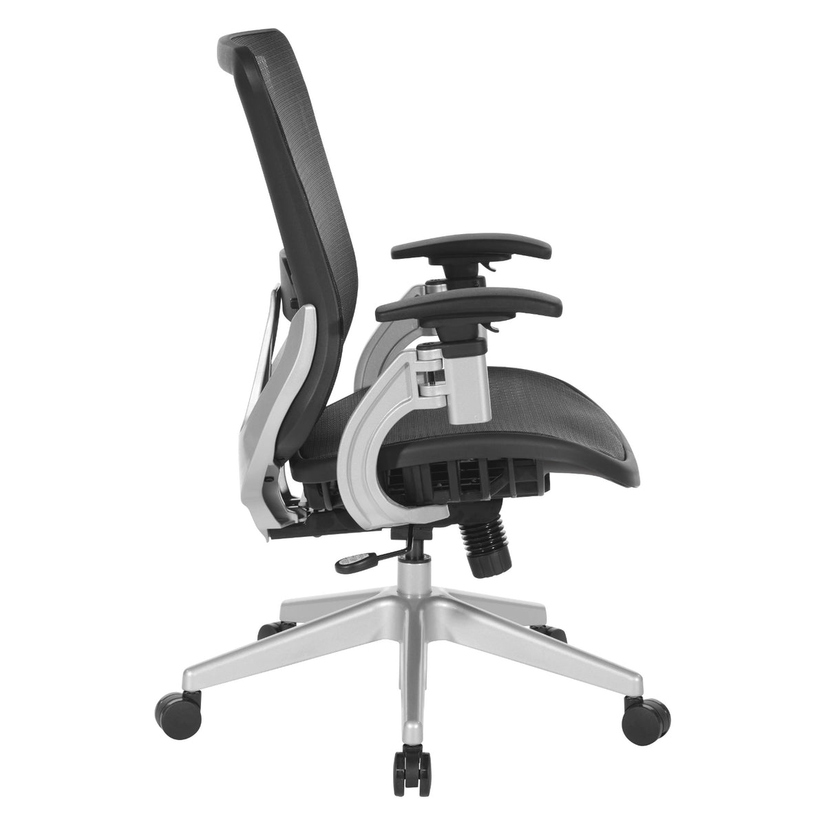 Black Vertical Mesh Seat and Back Manager's Chair with Height Adjustable Lumbar Support, Height Adjustable Padded Arms and Silver Angled Nylon Base