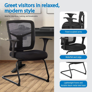 ProGrid® Mesh Back Visitor’s Chair with Arms and Sled Base, Padded Fabric Seat