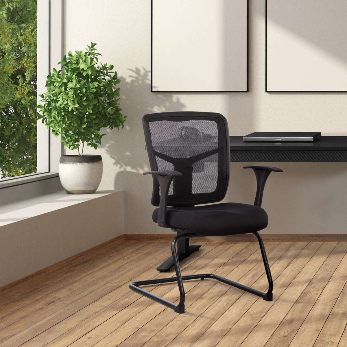 ProGrid® Mesh Back Visitor’s Chair with Arms and Sled Base, Padded Fabric Seat