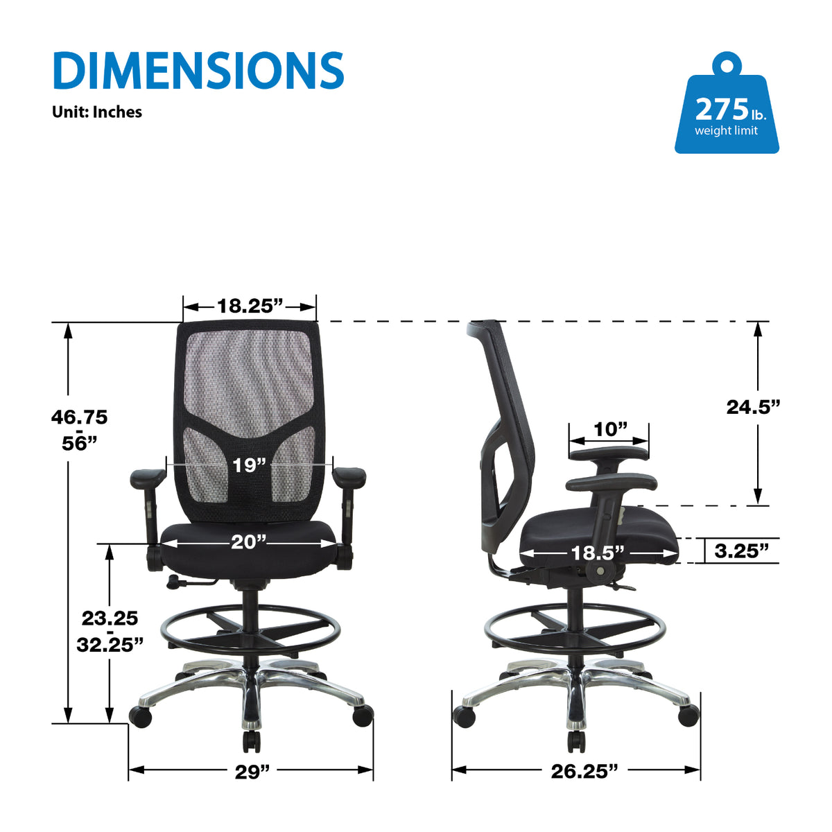 ProGrid® Mesh Back Drafting Chair with Padded FreeFlex® II Coal Fabric Seat