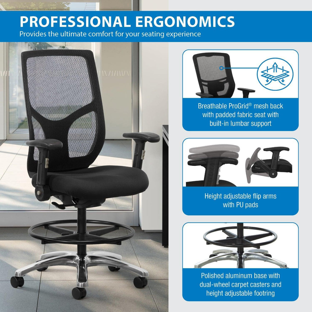 ProGrid® Mesh Back Drafting Chair with Padded FreeFlex® II Coal Fabric Seat