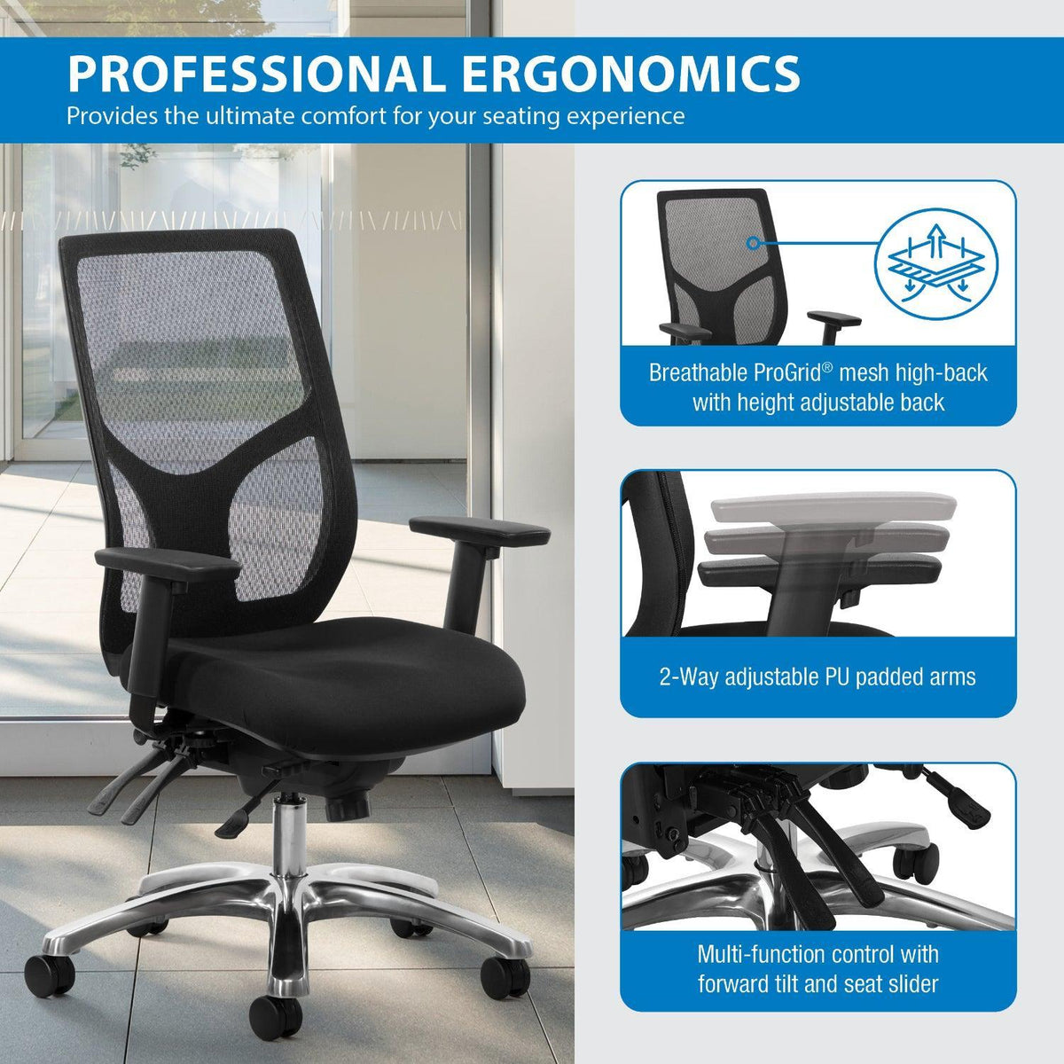 ProGrid® Mesh High-Back Manager's Chair with Padded Fabric Seat, Multi-Function Control