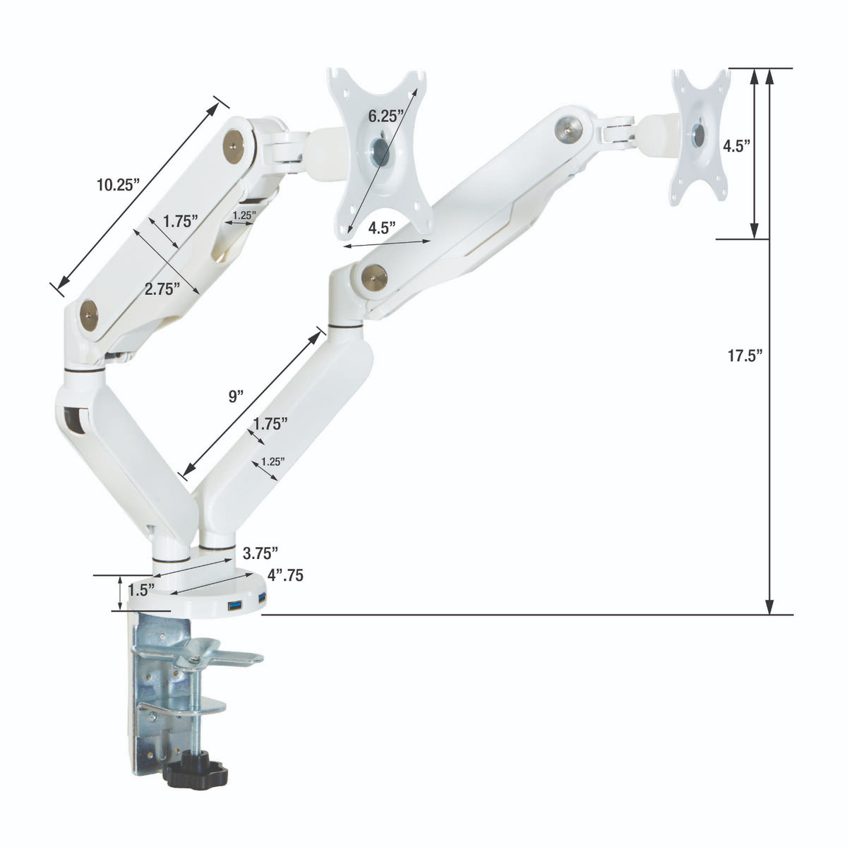 Ascend II® Gas Assist Double Monitor Arm with Dual USB 3.0 Ports