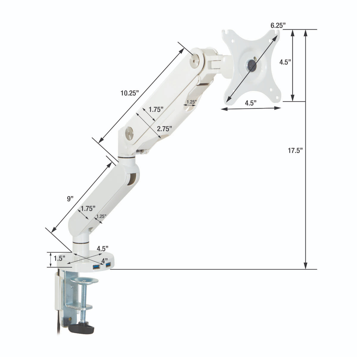 Ascend II® Gas Assist Single Monitor Arm with Dual USB 3.0 Ports