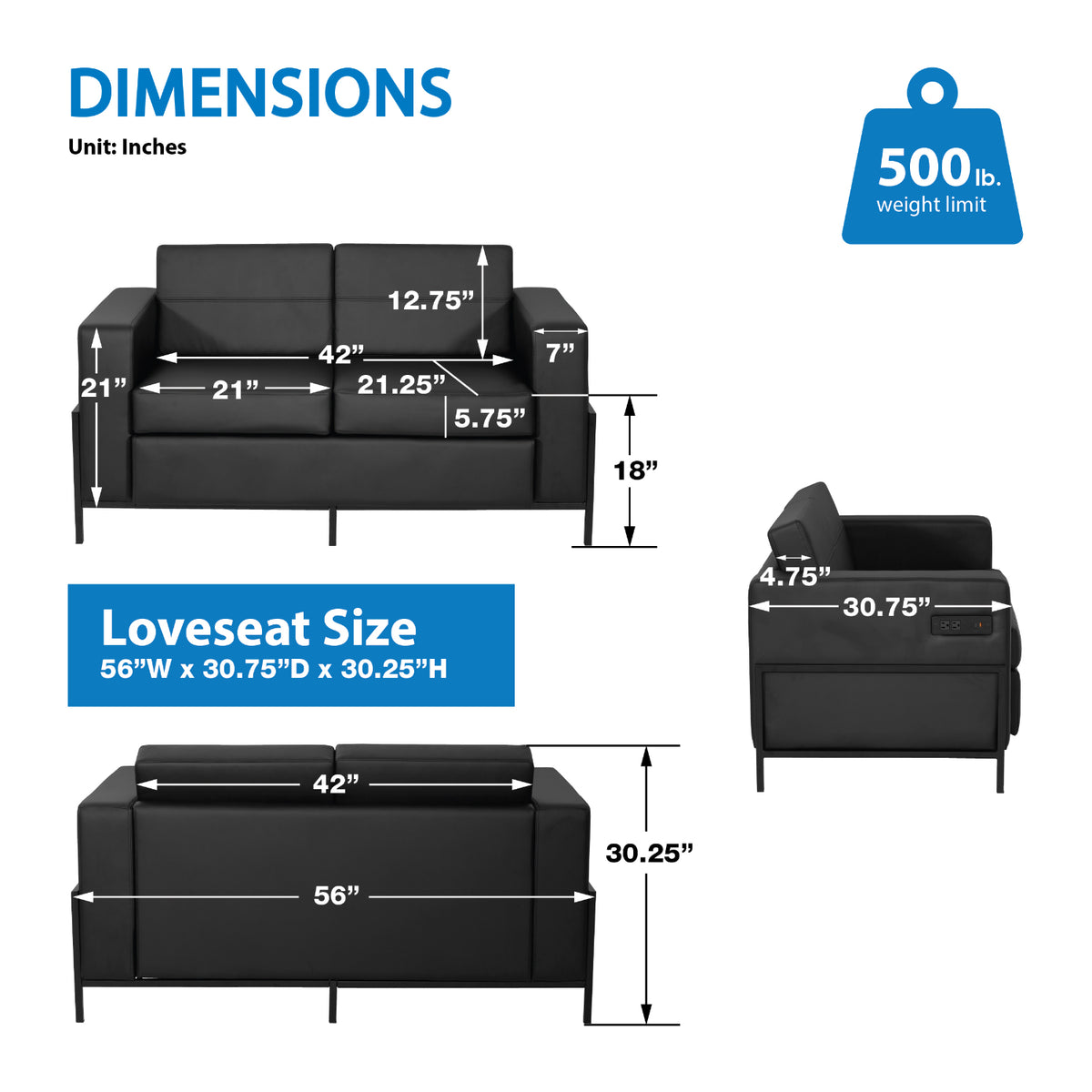 Arctic Loveseat with Dual USB and USB-C Charging Stations, Black Faux Leather Upholstery