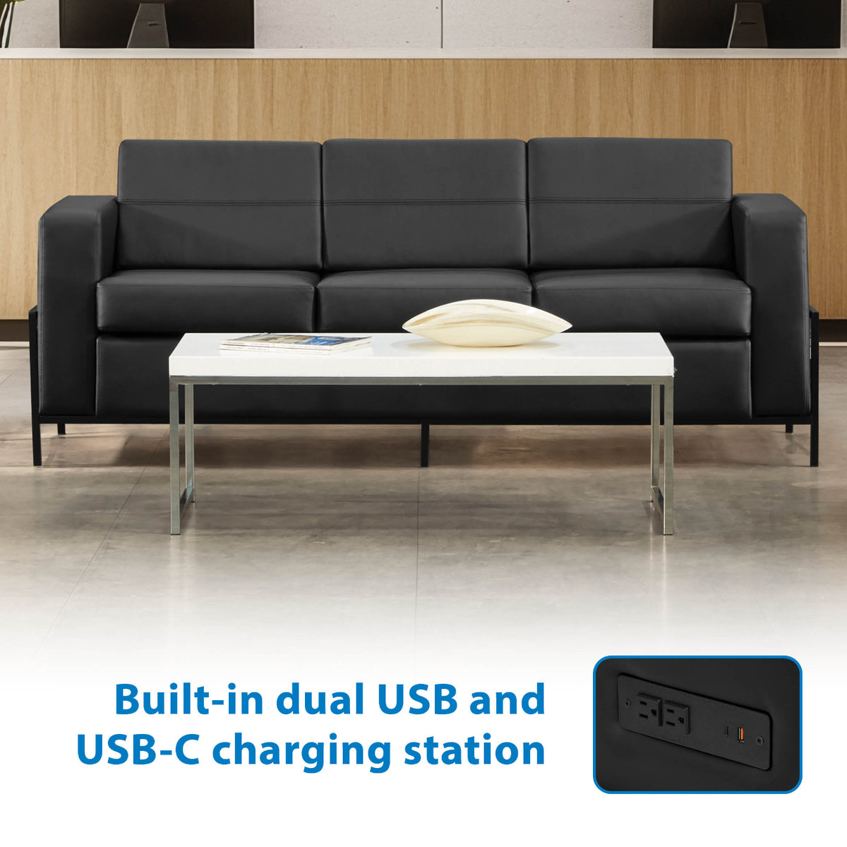 Arctic Sofa with Dual USB and USB-C Charging Stations, Black Faux Leather Upholstery
