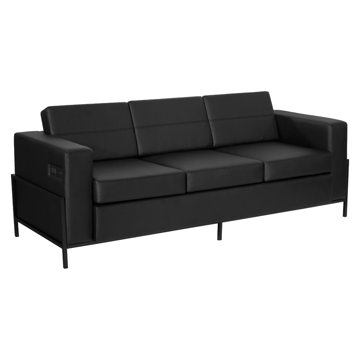 Arctic Sofa with Dual USB and USB-C Charging Stations, Black Faux Leather Upholstery