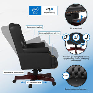 Traditional Wingback Executive Chair with Black Caressoft Vinyl Upholstery