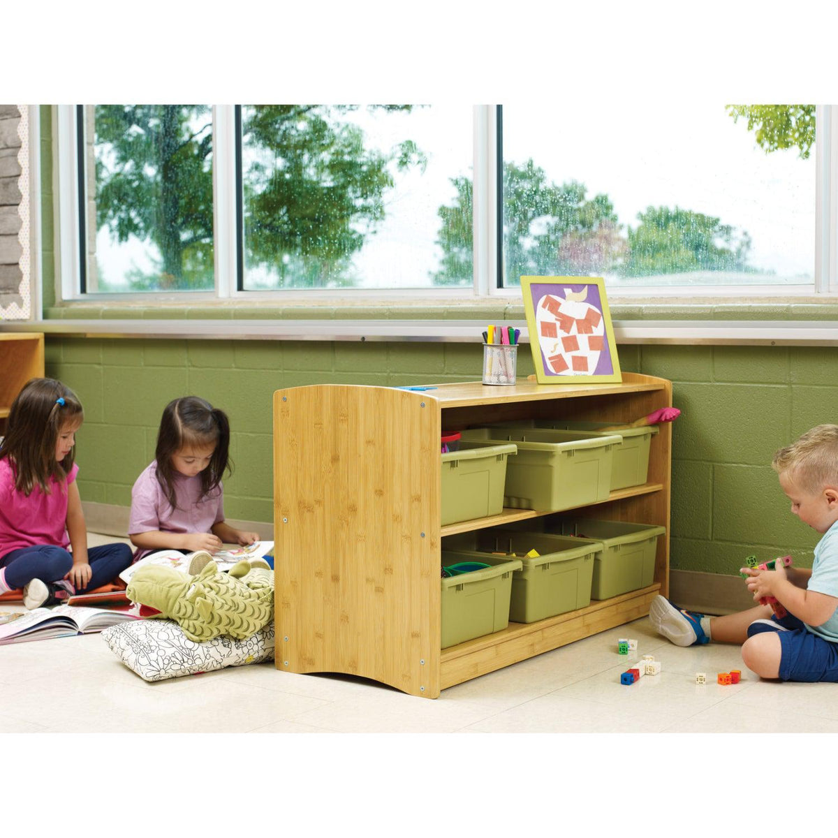 Bamboo Shelving Unit with Sage Tubs